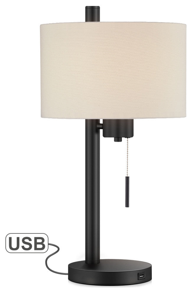 23-in Black Modern Table Lamp With USB Port and White Linen Shade