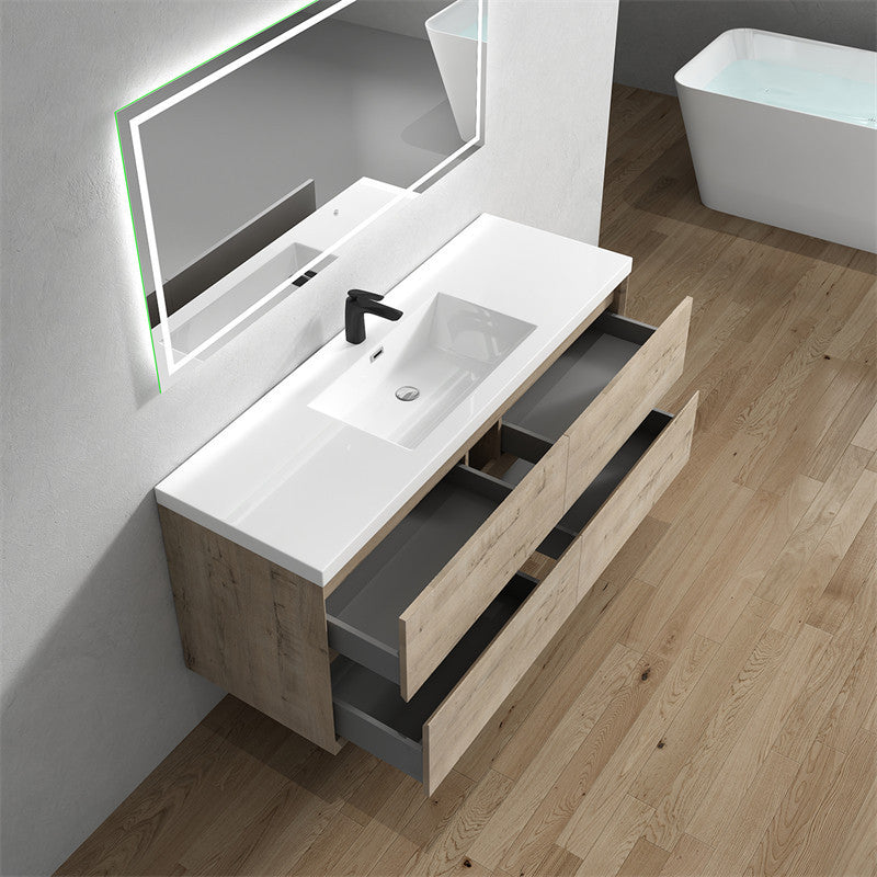 SLIM Light White Oak Wall Mount Vanity, Reinforced Acrylic Sink, 60" Single