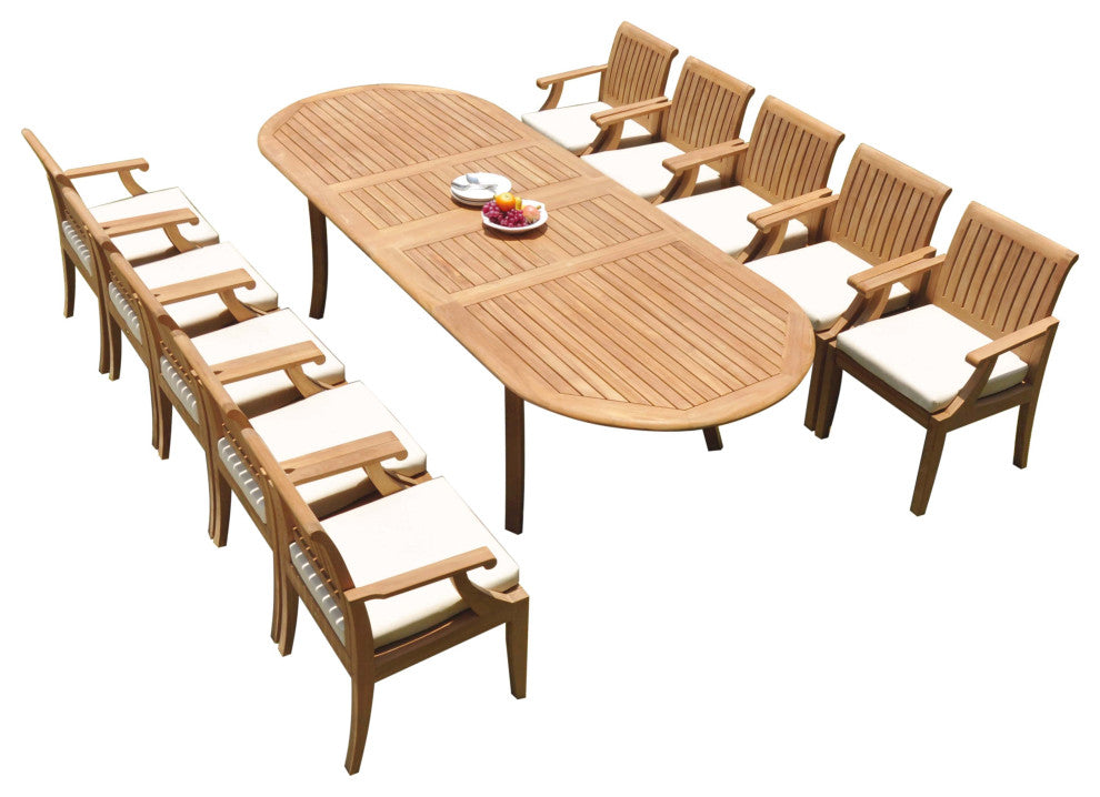11-Piece Outdoor Teak Dining Set: 117" Oval Extension Table, 10 Lagos Arm Chairs