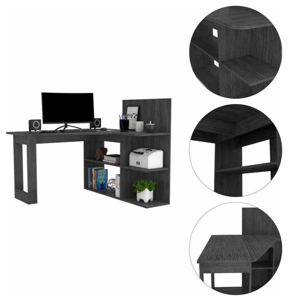 Fresno Computer Desk, With 4 Shelves, Gray Oak