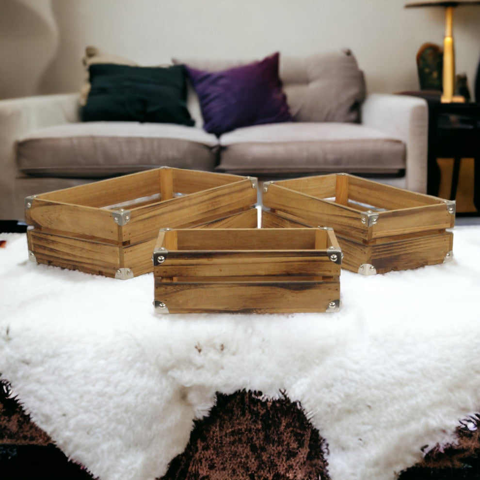 Rustic Farmstead Dark Brown Studded Wood Crate Set