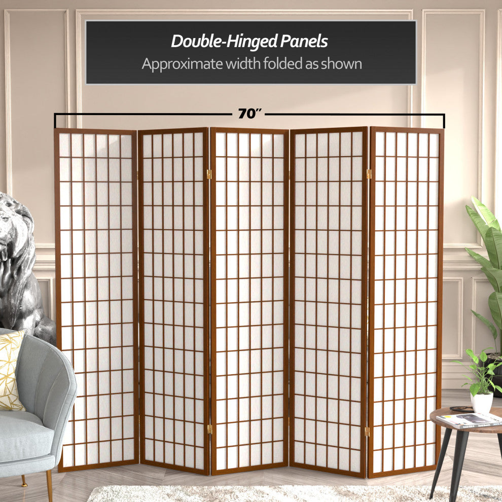 6' Tall Window Pane Shoji Screen, Walnut, 5 Panels