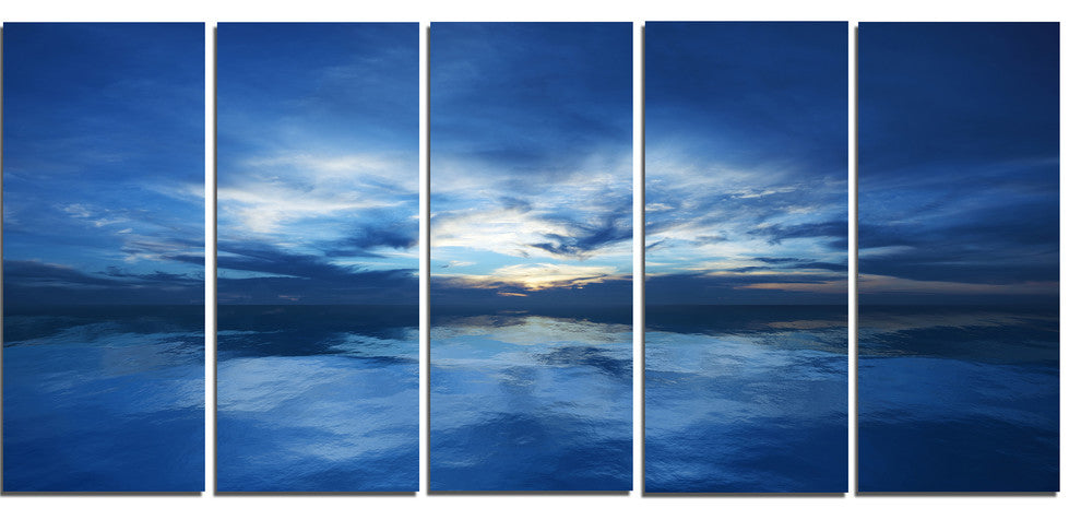 "Blue Waters And Blue Sky Sunset" Modern Seascape Wall Art, 5 Panels, 60"x28"