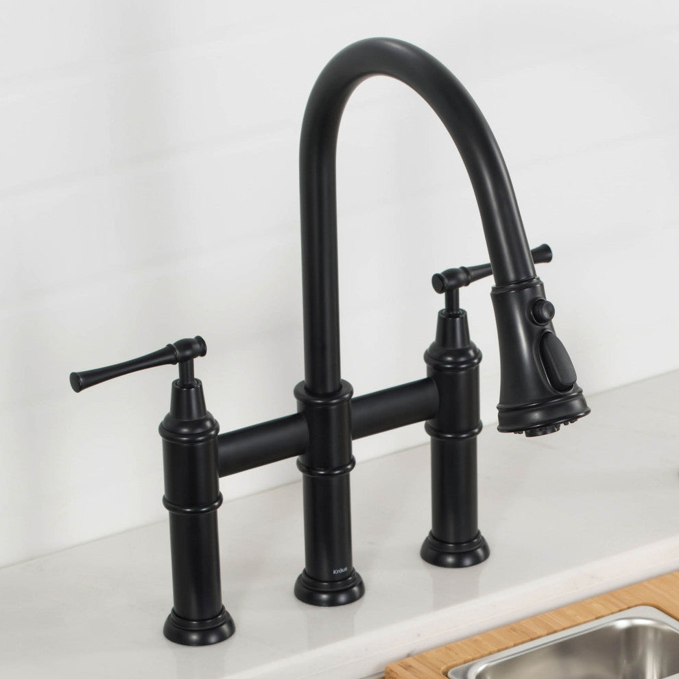 Allyn Traditional 3-Function Bridge Pull-Down Kitchen Faucet Matte Black