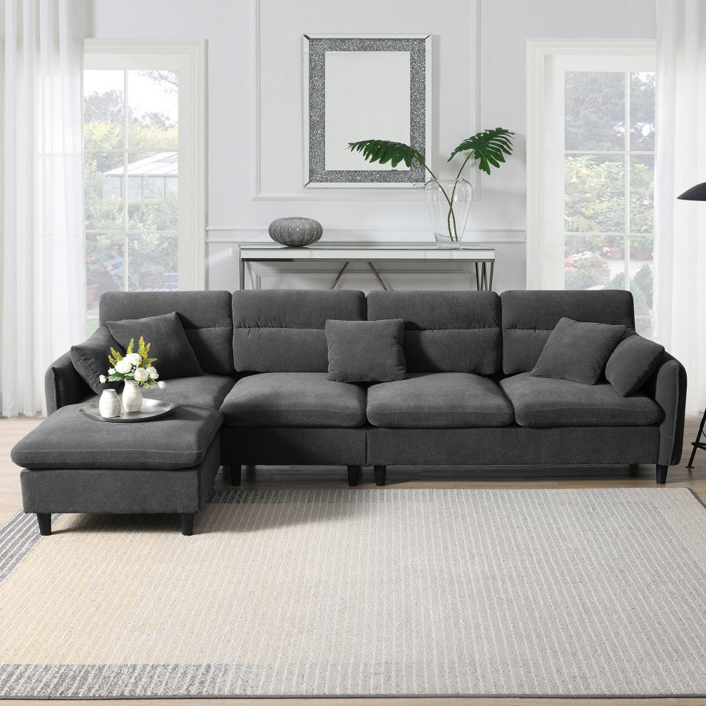 GDF Studio Modern Convertible L-Shaped Sectional Sofa With Ottoman, Gray
