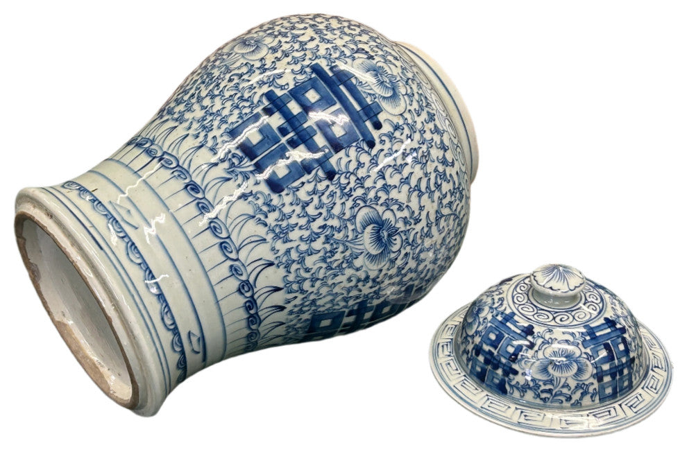 Vintage Blue White Double Happiness Porcelain Temple General Jar Hws4403