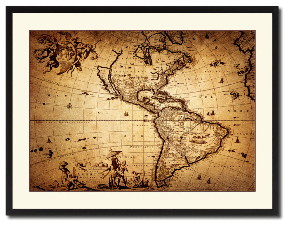 America Vintage Map Print On Canvas With Picture Frame 28" X 37"