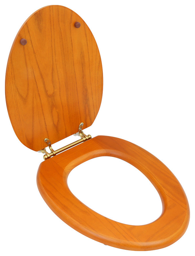 Wooden Elongated Toilet Seat Golden Oak Finish with Brass PVD Hinges Renovators