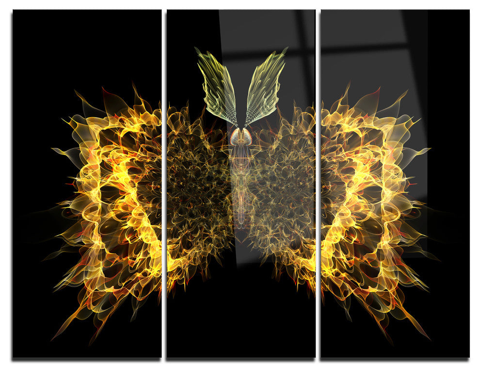 "Golden Fractal Butterfly in Dark" Metal Wall Art, 3 Panels, 36"x28"
