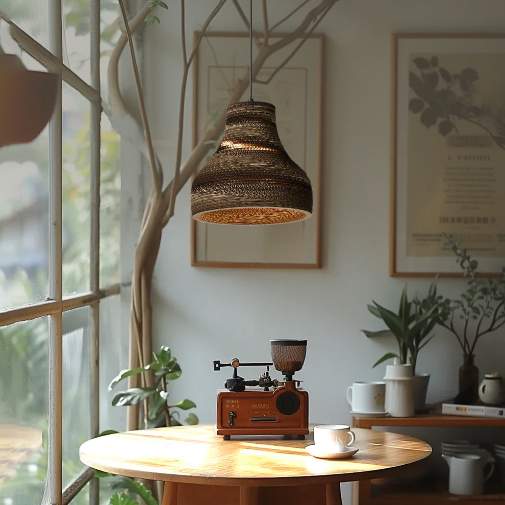 Matte Black Modern Nordic Style Pendant With Natural Brown Origami Paper Shade