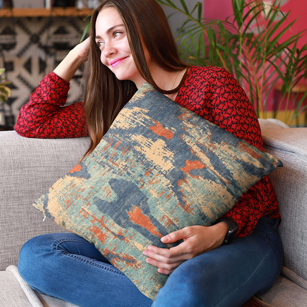 Plutus Blue Hidden Velvet Damask Luxury Throw Pillow, 22"x22"