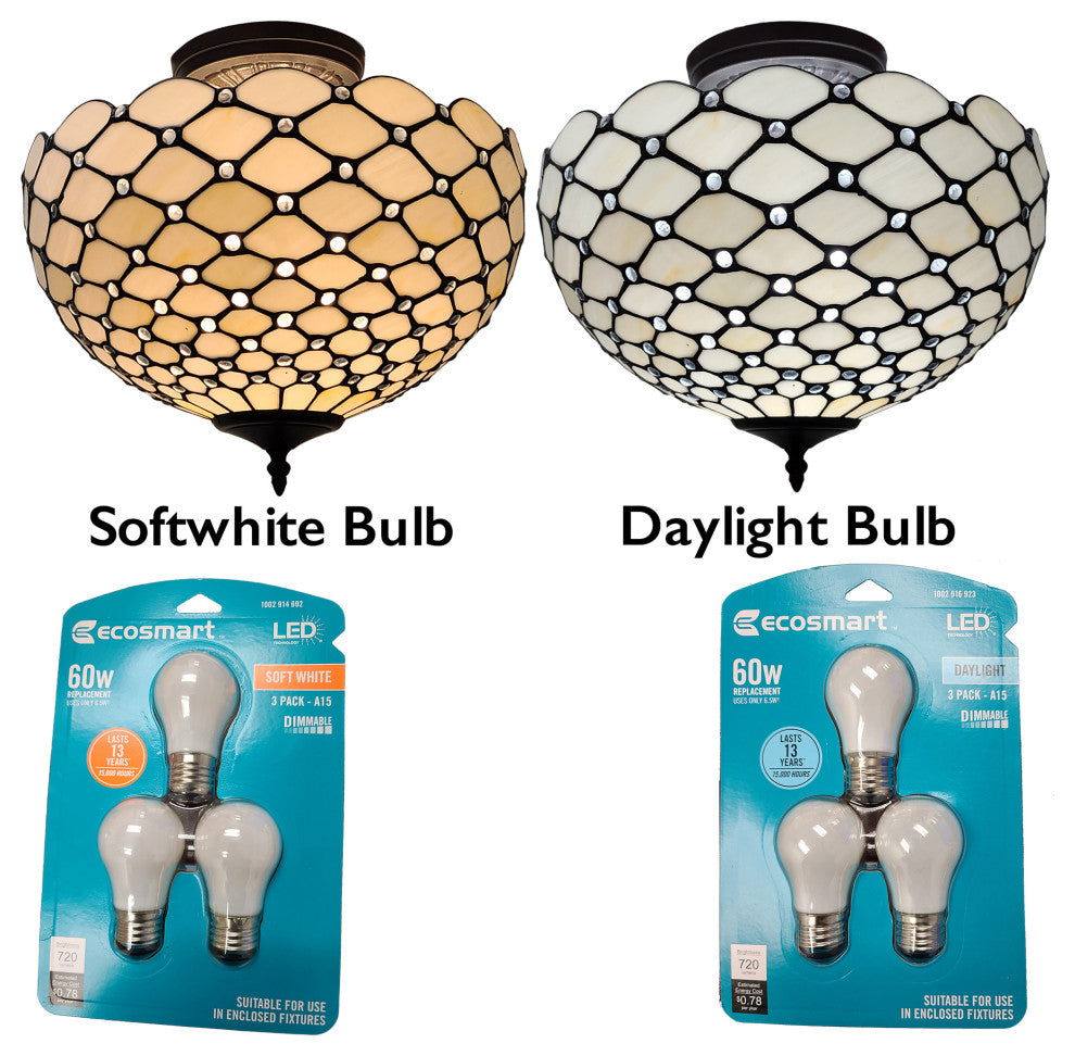 Tiffany Style 2 Light Impearled Semi-Flush Ceiling Lamp, 16" Wide