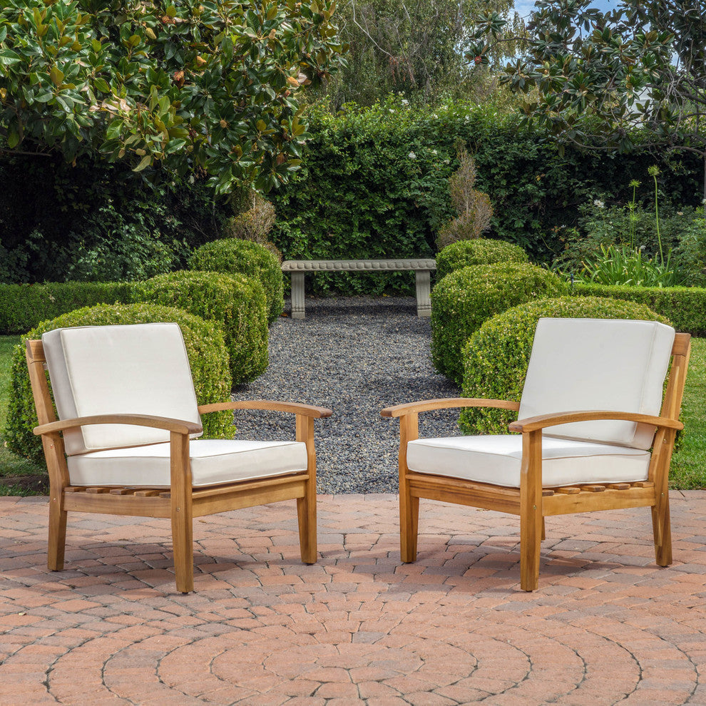 GDF Studio Preston Outdoor Wooden Club Chairs, Beige, Set of 2