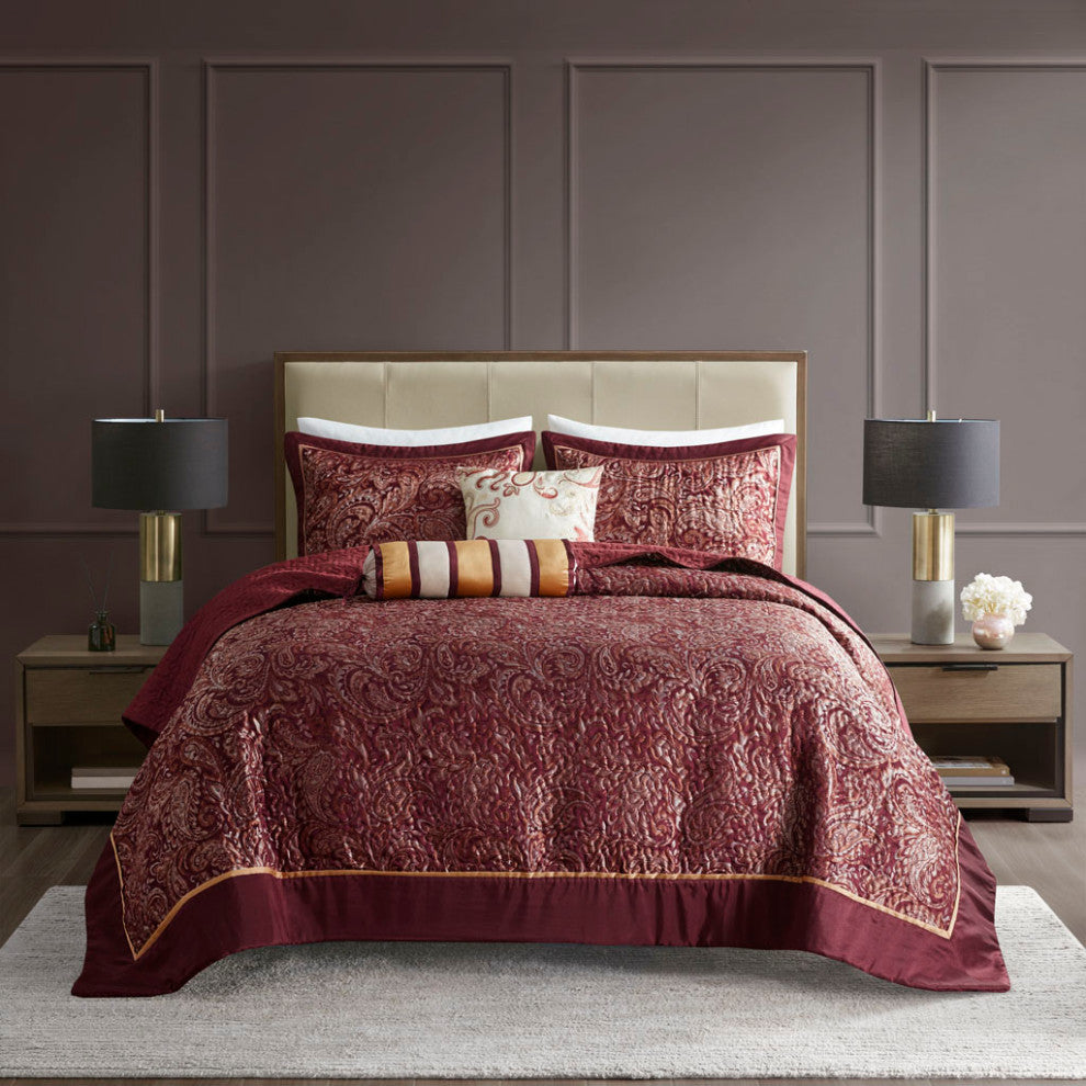 Madison Park Aubrey 5 Piece Reversible Jacquard Bedspread Set, Burgundy