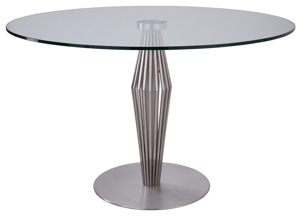 Lindsey  Dining Table, Brushed Stainless Steel Finish and Clear Glass Top
