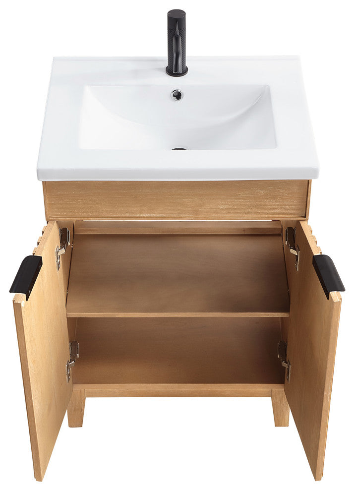 Palos Bathroom Vanity, Fir Wood Brown, 24", Ceramic Top, No Mirror