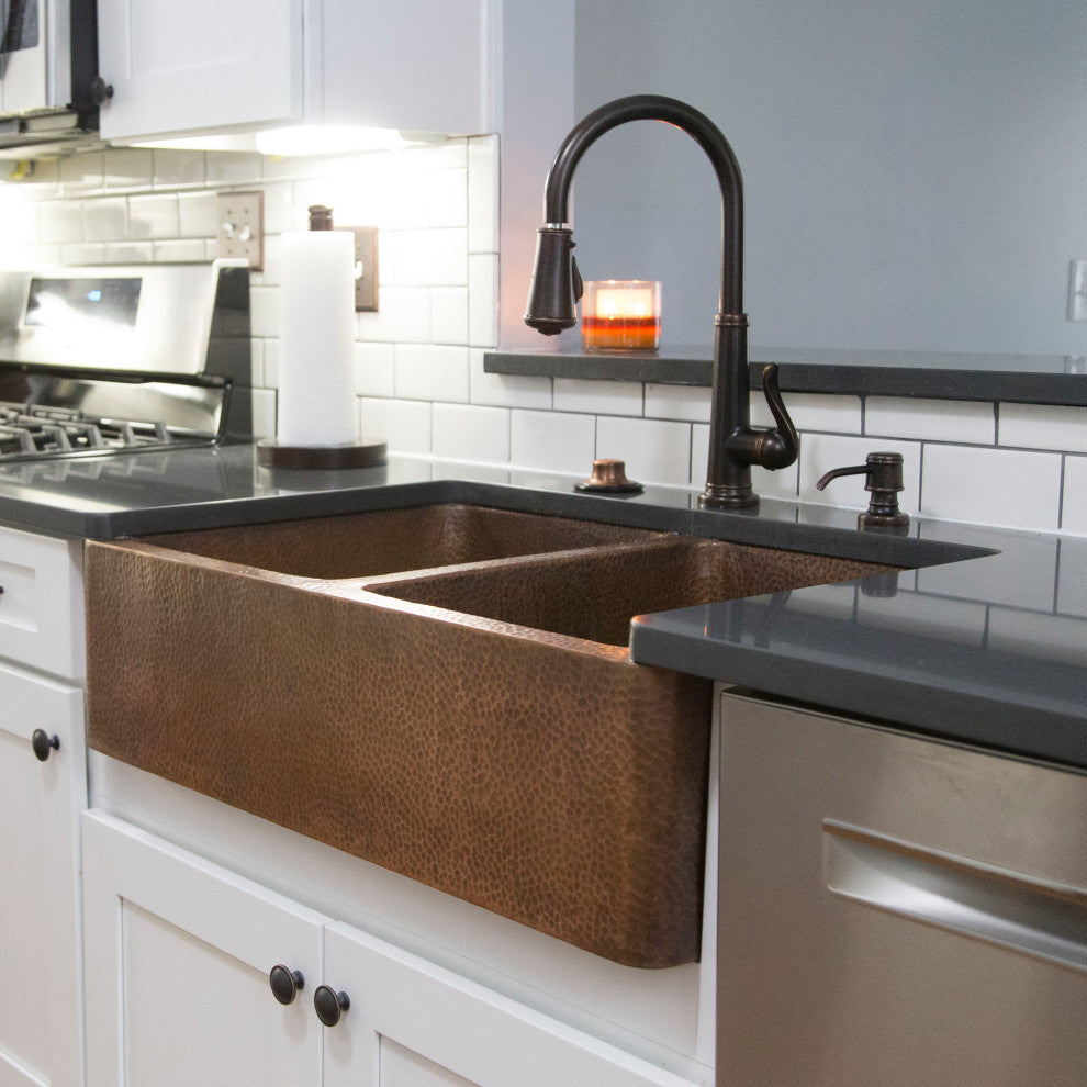 Adams Copper 33" Double Bowl Farmhouse Apron Front Undermount Kitchen Sink