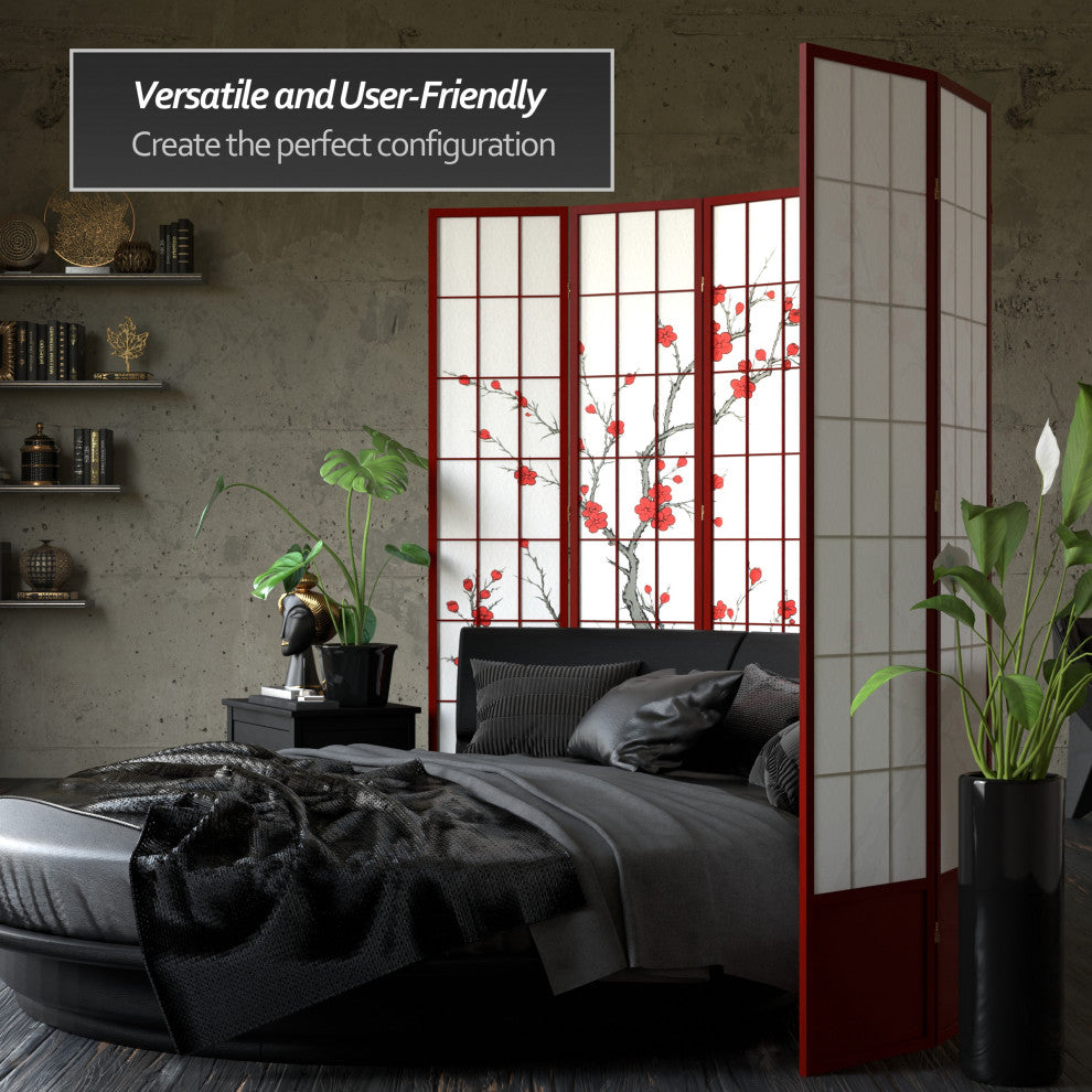 7' Tall Cherry Blossom Shoji Screen, Rosewood, 5 Panels