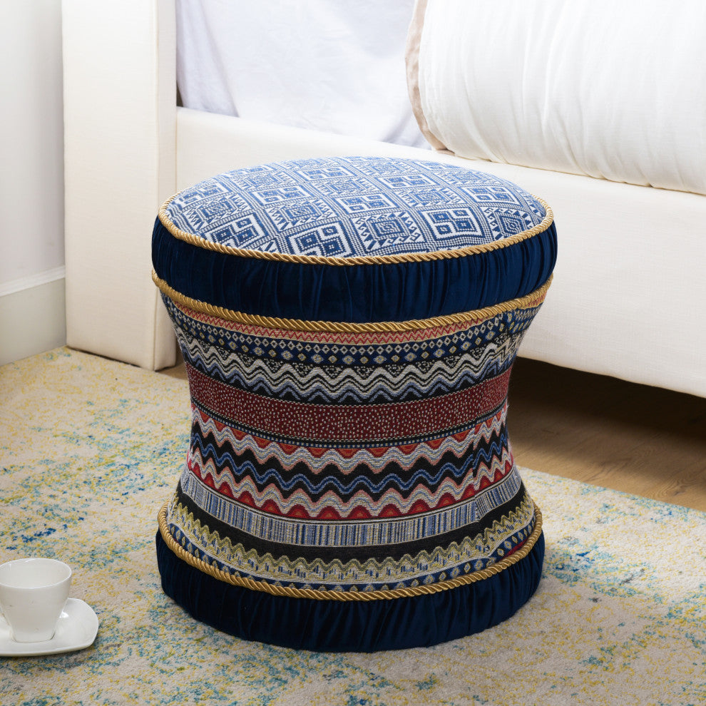 Leona 18" Decorative Vanity Stool Ottoman, Blue Velvet Multicolored Pattern