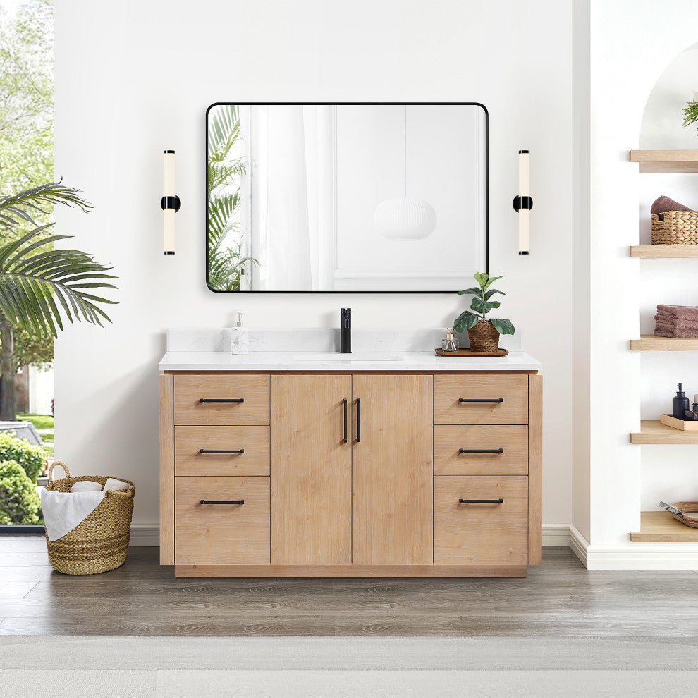 San Bath Vanity with Stone Top, Fir Wood Brown, 60" Single Sink, Single Vanity, With Mirror