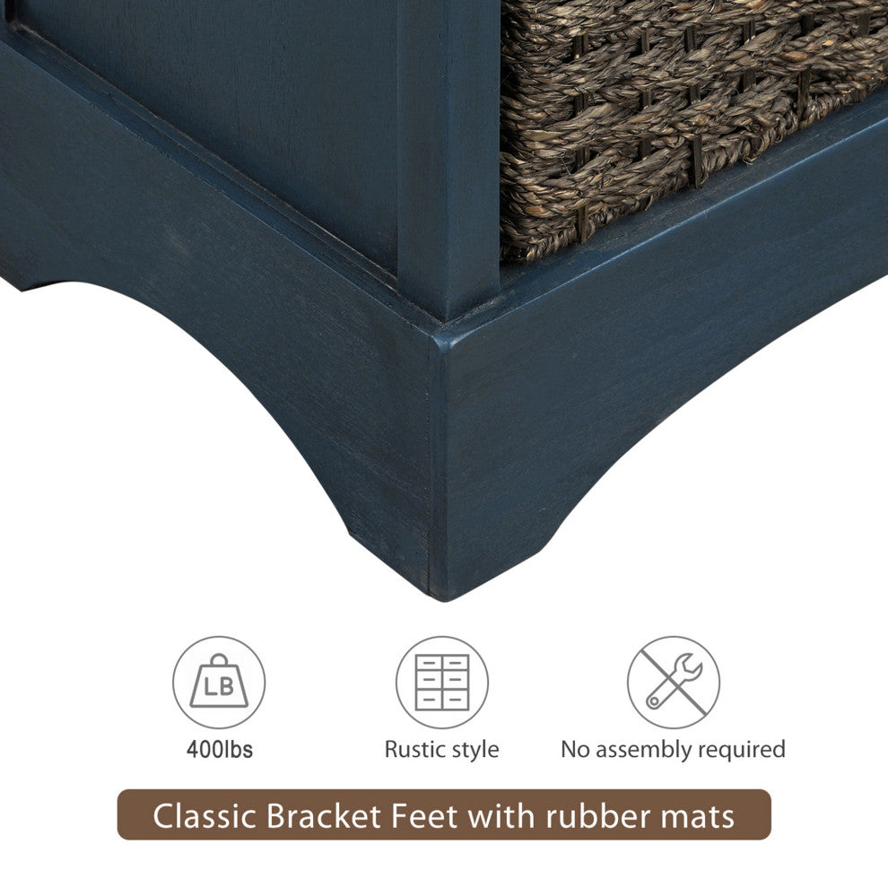 28" Wood 2 Drawers Storage Cabinet with 4 Rattan Basket, Antique Navy, 28" Tall