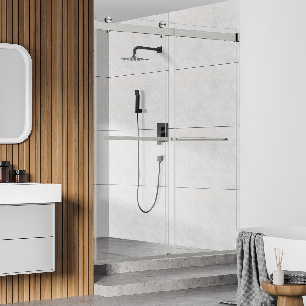 Marcelo By Pass Frameless Shower Door, Clear Glass, Brushed Nickel, 48"wx76"h