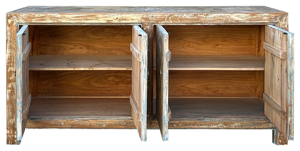 Distressed Bleached White Blue Wash Rough Wood Credenza Console Cabinet Hws4340