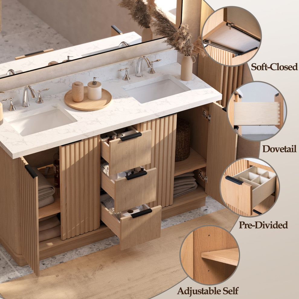 Kathryn Bathroom Vanity, Light Oak, 60", Double Sink, Freestanding