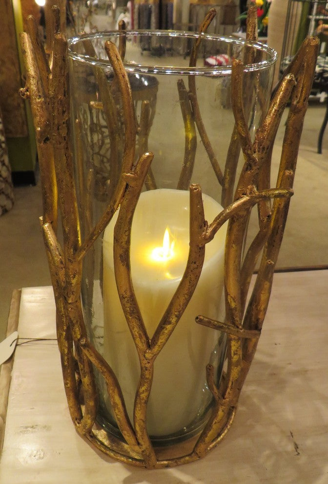Tall 12" Gold Branch Pillar Candle Holder, Metal Hurricane Twig
