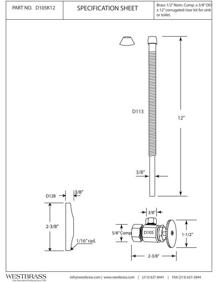 Supply Kit - 5/8" Od X 3/8" Od X 12" Corrugated In Oil Rubbed Bronze, Powder Coated White