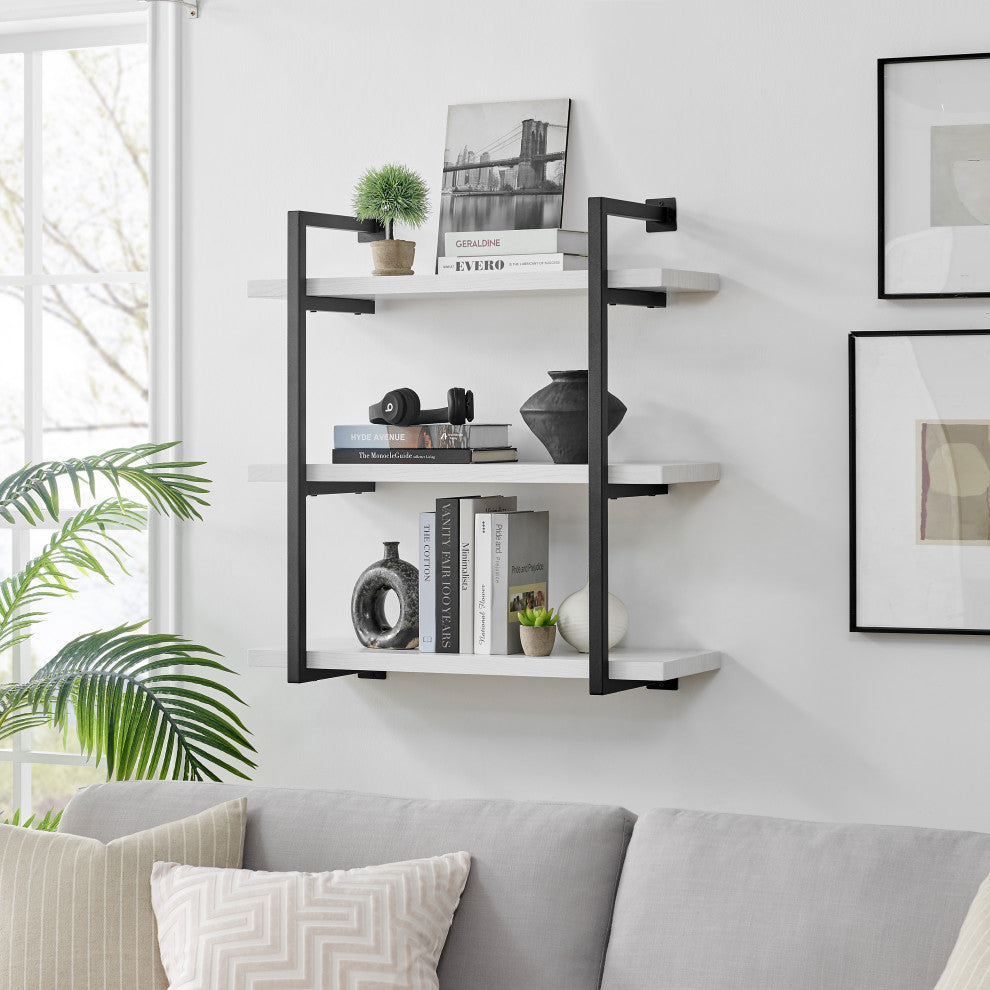 Danya B. Modern 3-Tier Hanging Wall Shelves, Metal and White Birch Finish