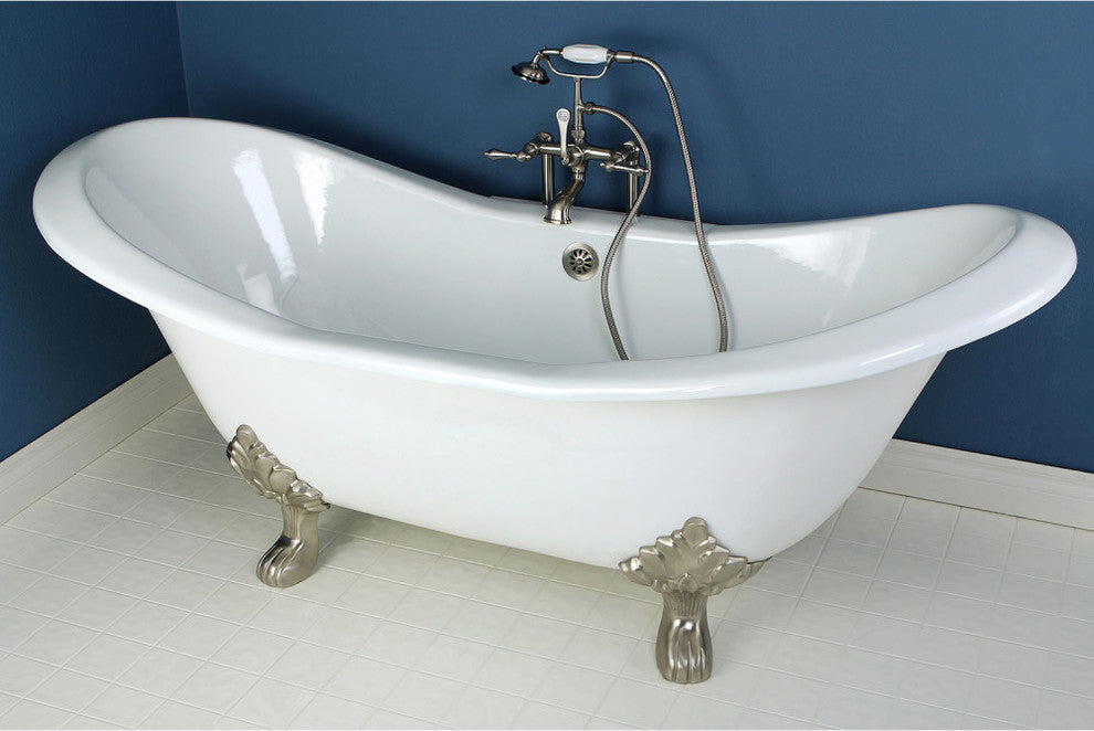 72" Double Slipper Clawfoot Tub No Faucet Drillings, White/Brushed Nickel