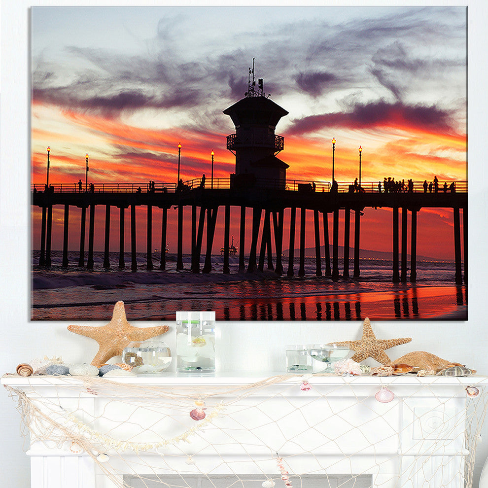 "Pier California At Sunset With Clouds" Seascape Art Canvas, 32"x16"