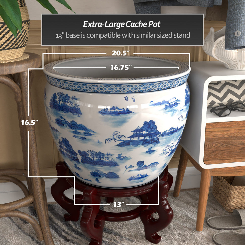 20" Porcelain Fishbowl Blue and White Landscape