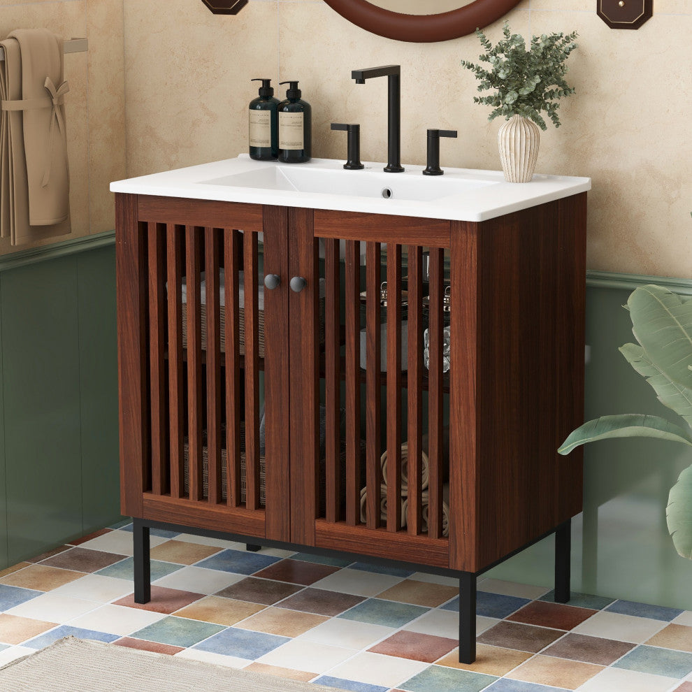GDF Studio 30" Vintage Bathroom Vanity With Ceramic Sink, Antique Dark Brown