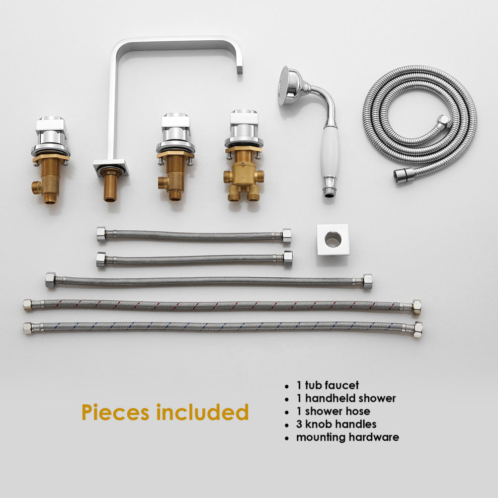 Vikran Triple Handle Deck-Mount Roman Tub Faucet Trim With Handshower, Polished Chome