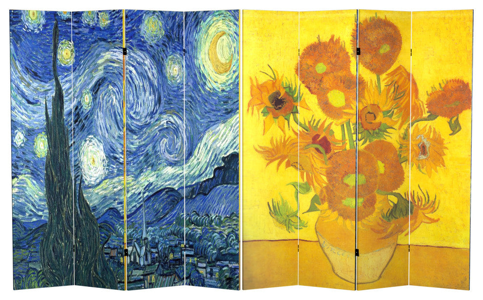 6' Tall Double Sided Works of Van Gogh Canvas Room Divider 4 Panel