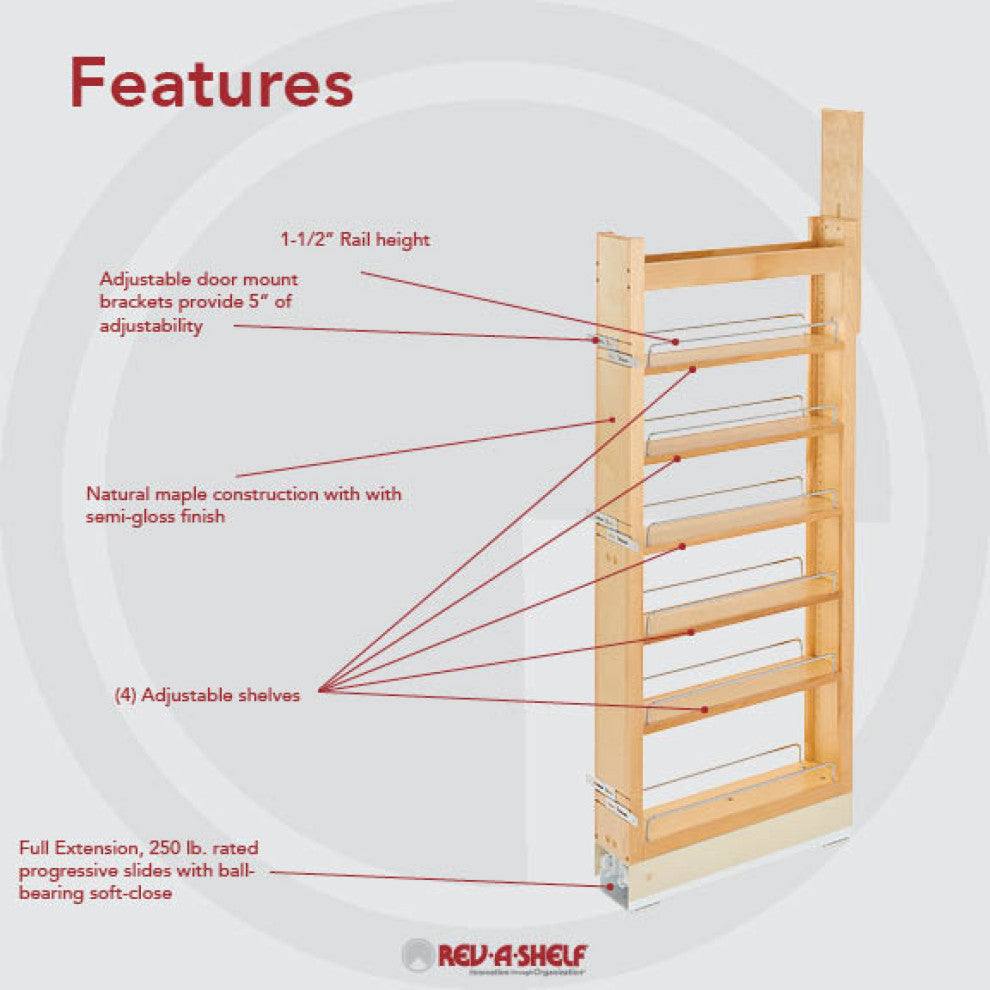 Wood Tall Cabinet Pull Out Pantry Organizer With Soft Close, 5"