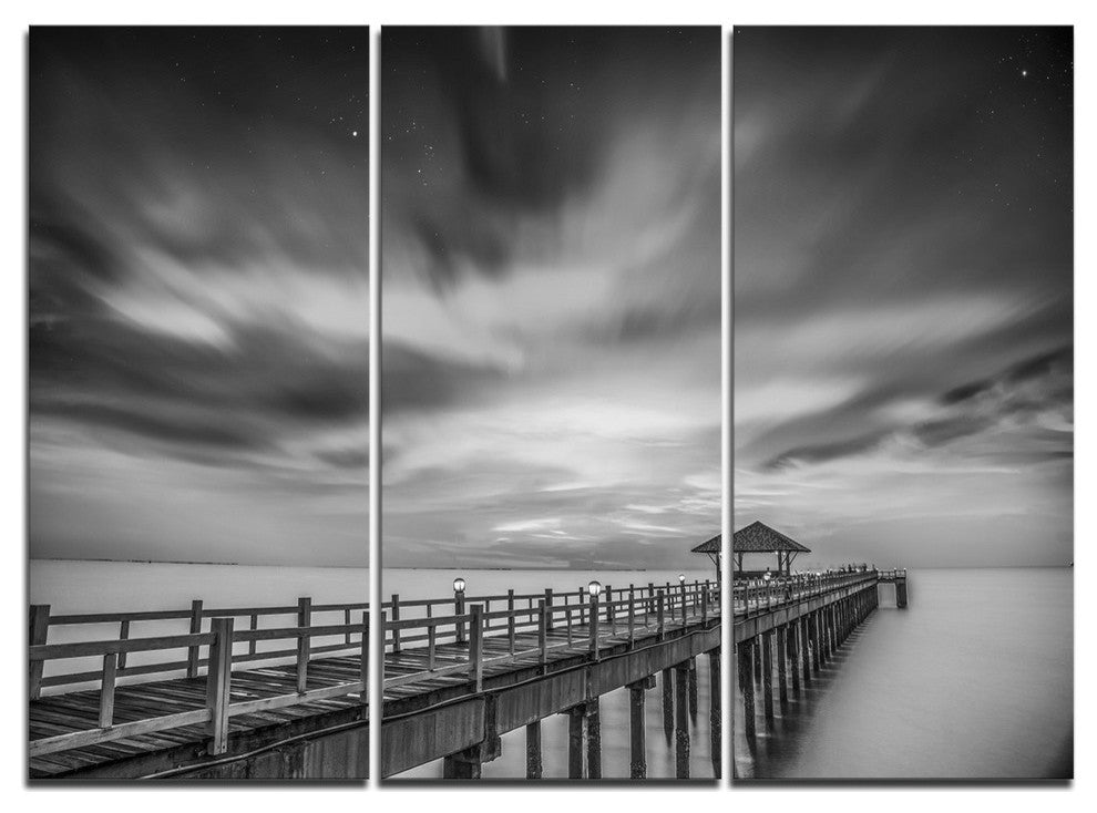 "Black and White Wooden Bridge and Sky" Metal Wall Art, 3 Panels, 36"x28"
