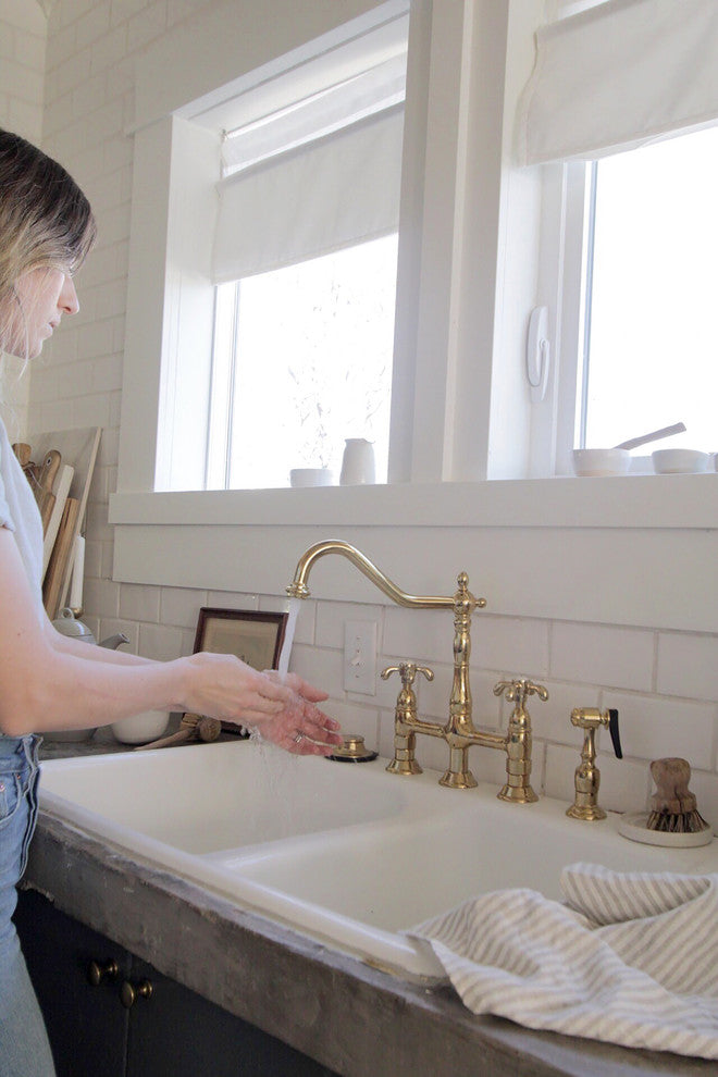 Kingston Brass Bridge Kitchen Faucet With Brass Sprayer, Polished Brass