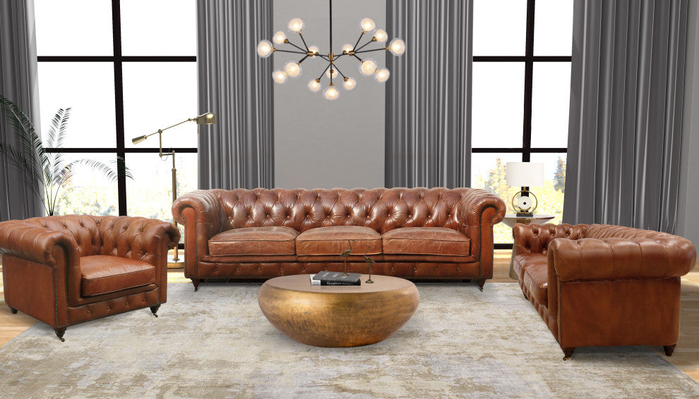 Paris Club Top Grain Leather Chesterfield Tufted Sofa, Brown