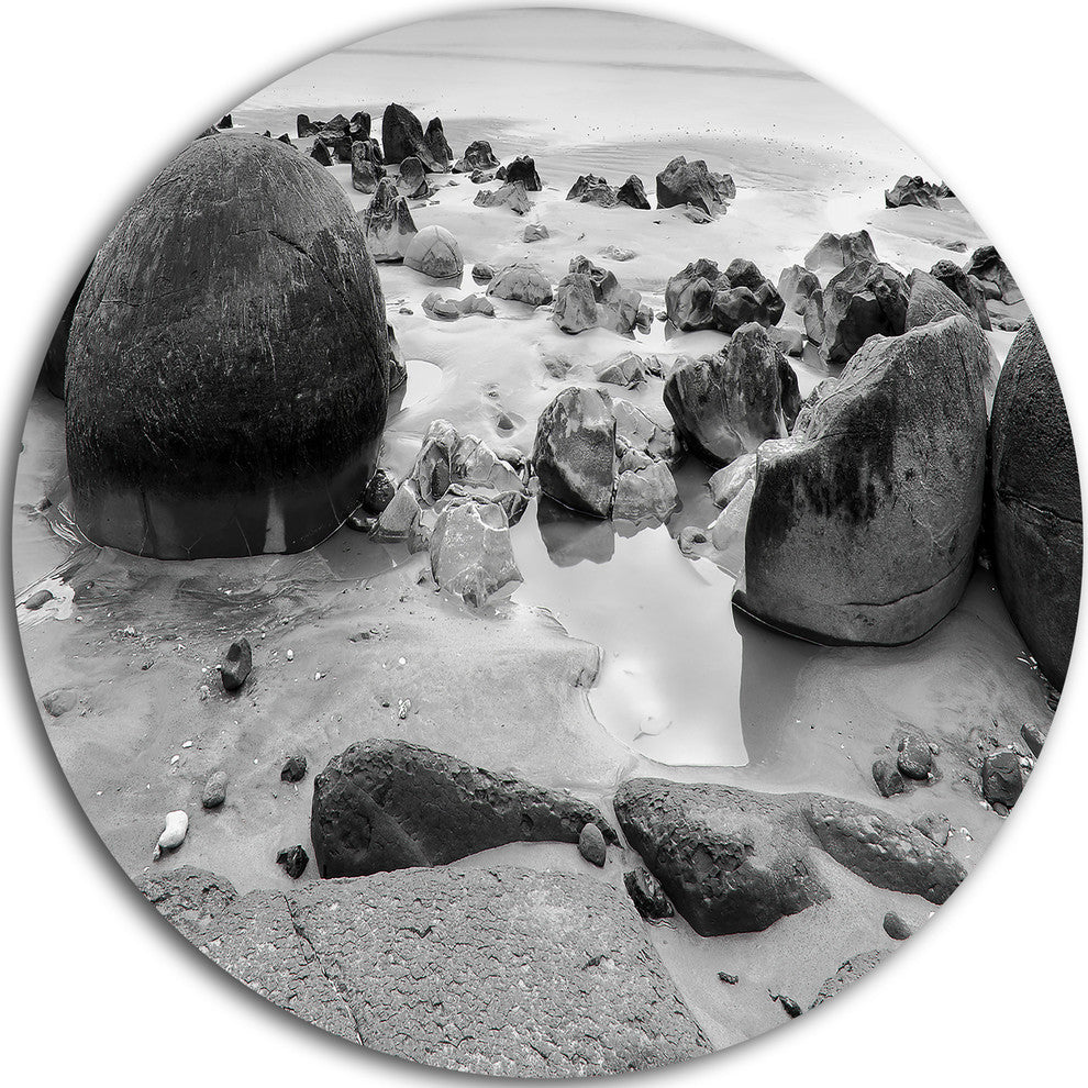 Moeraki Boulders Black N' White, Seashore Photo Disc Metal Artwork, 11"