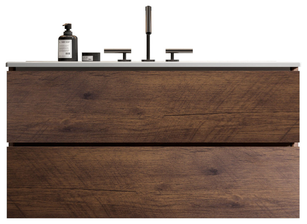 Wall-Mounted Bathroom Vanity Set with Ceramic Sink, Walnut, 36"