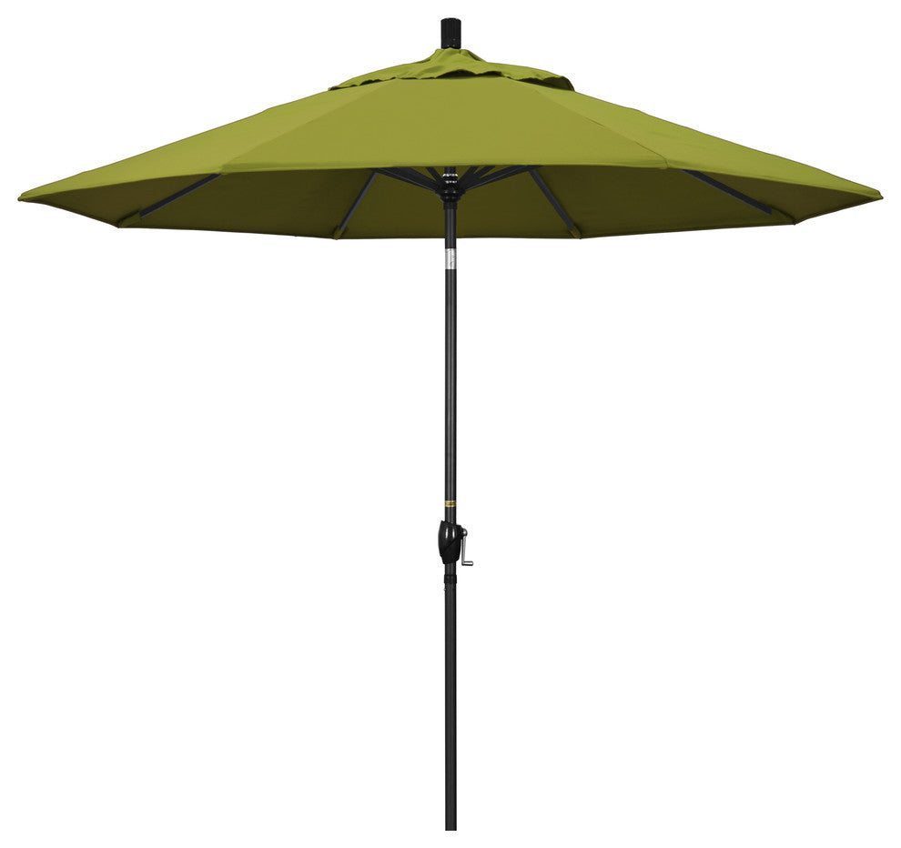9' Matted Black Push-Button Tilt Crank Aluminum Umbrella, Ginkgo Pacifica