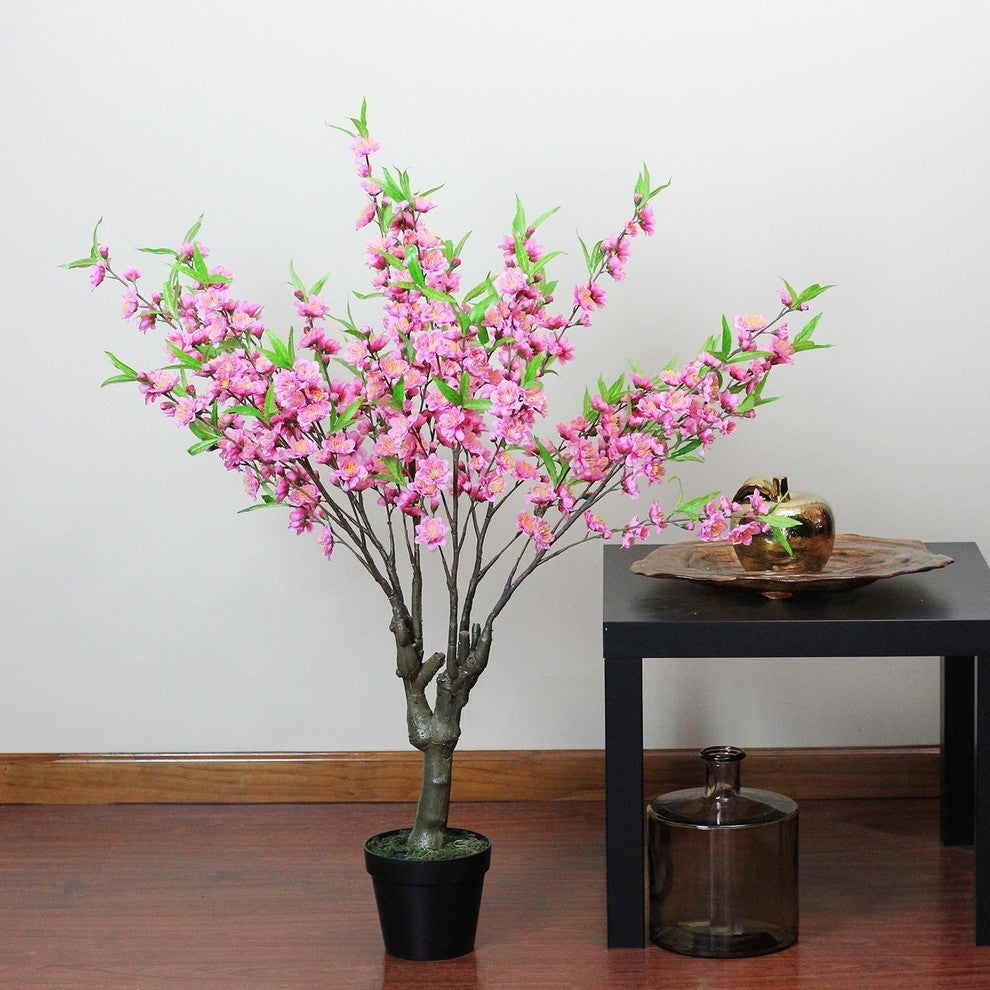 43.5" Potted Pink Green and Brown Peach Floral Blossom Tree