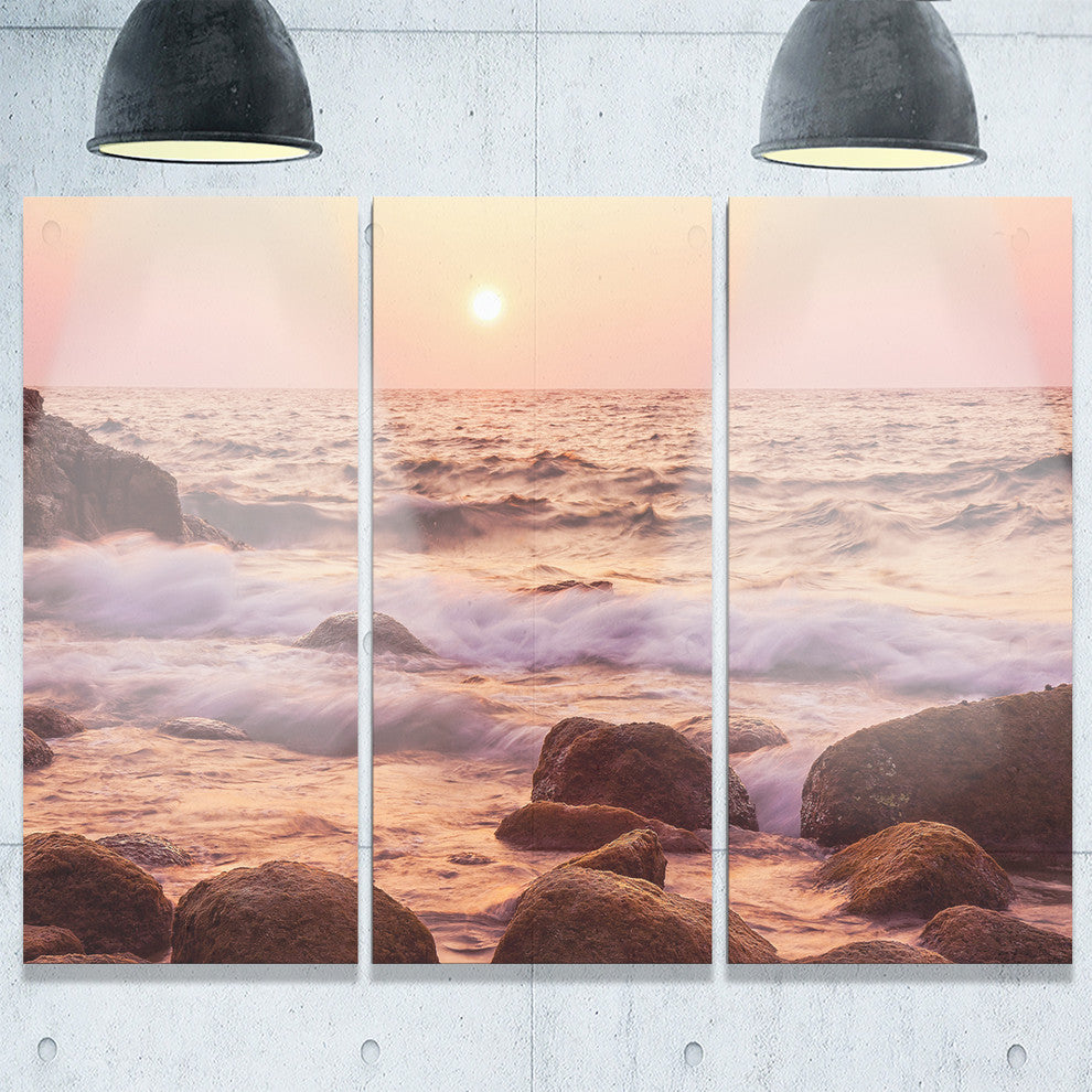"Foam Waves Hitting Rocky Coast" Metal Wall Art, 3 Panels, 36"x28"