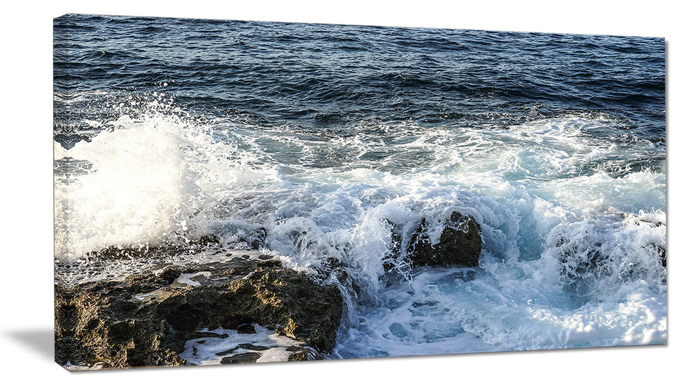 "Waves Breaking On Stony Beach" Seascape Wall Art, 40"x20"