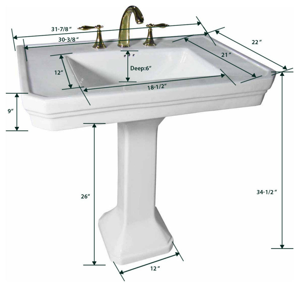 Large White Victorian Vitreous Bathroom Pedestal Sink 8 Inc Widespread Set of 2