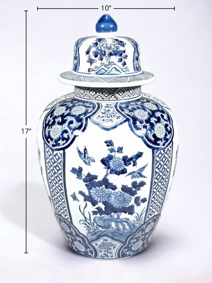 17" Porcelain Ginger Jar With Floral Design, Blue and White