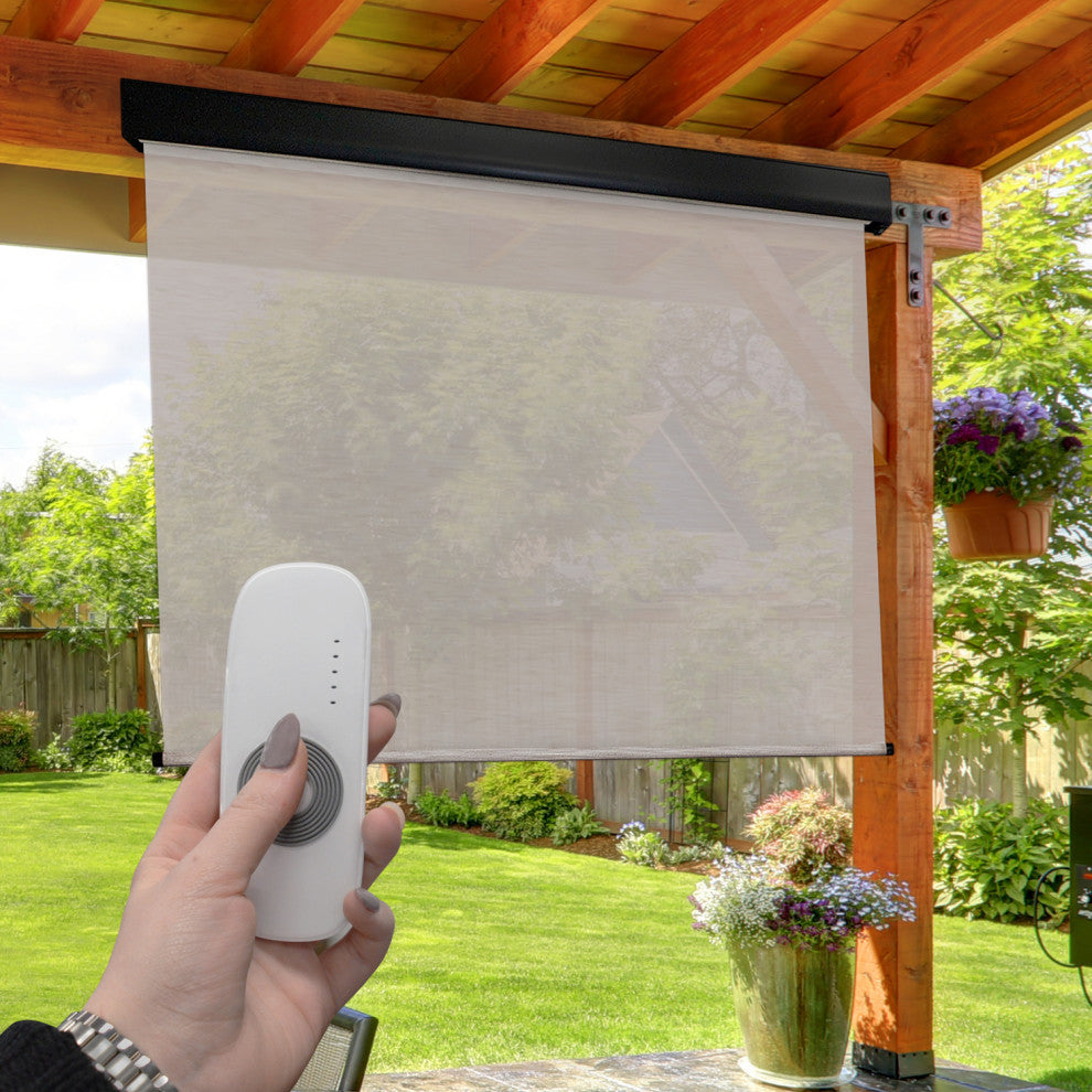 Outdoor Valanced Remote Control Operated Sunshade, Pearl Fabric, Pearl, 120x96
